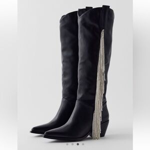Urban Outfitters Black Heeled Boots with Silver Fringe
